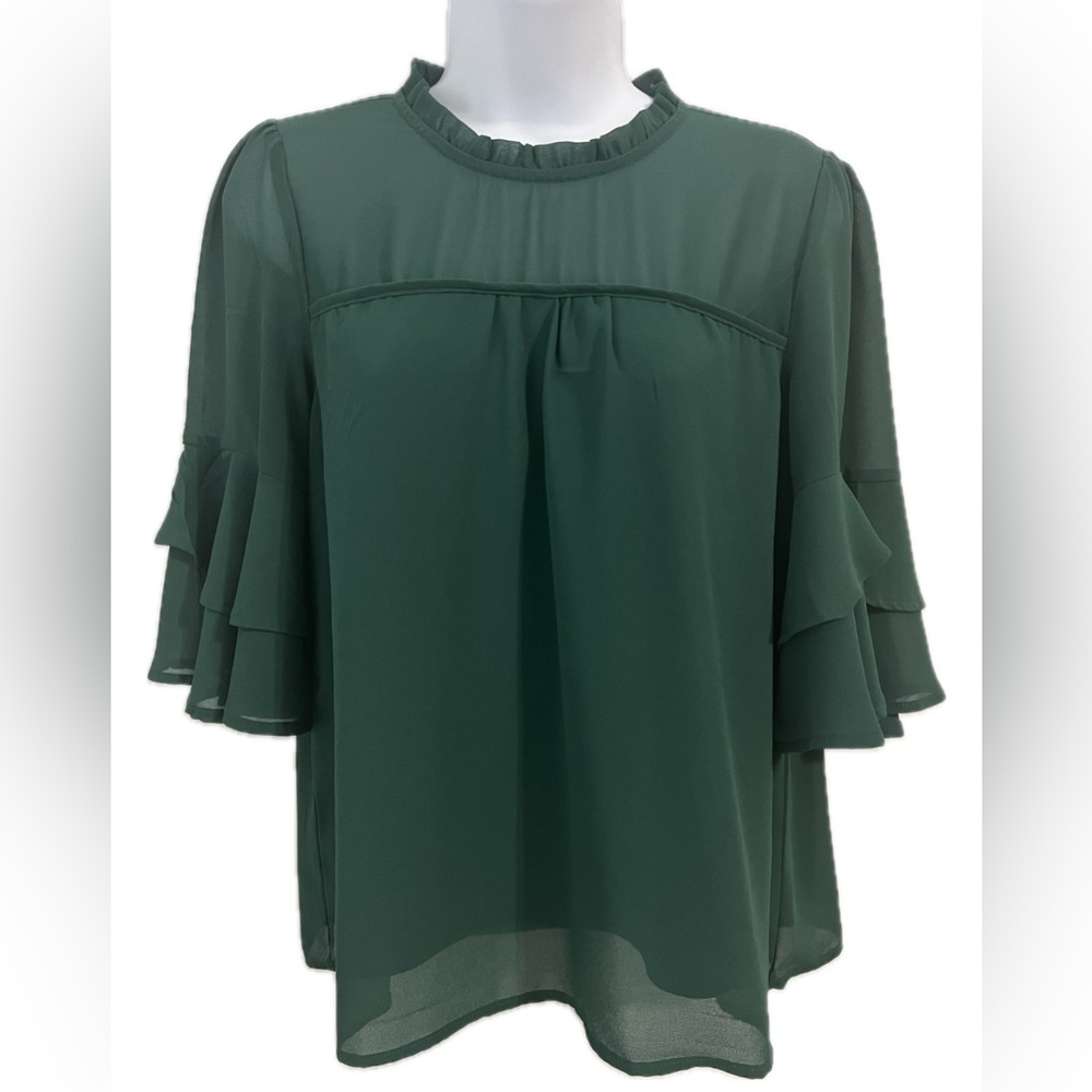 Monteau Los Angeles Women’s 3/4 Sleeve Green Lined Flowy Sheer Top Size M